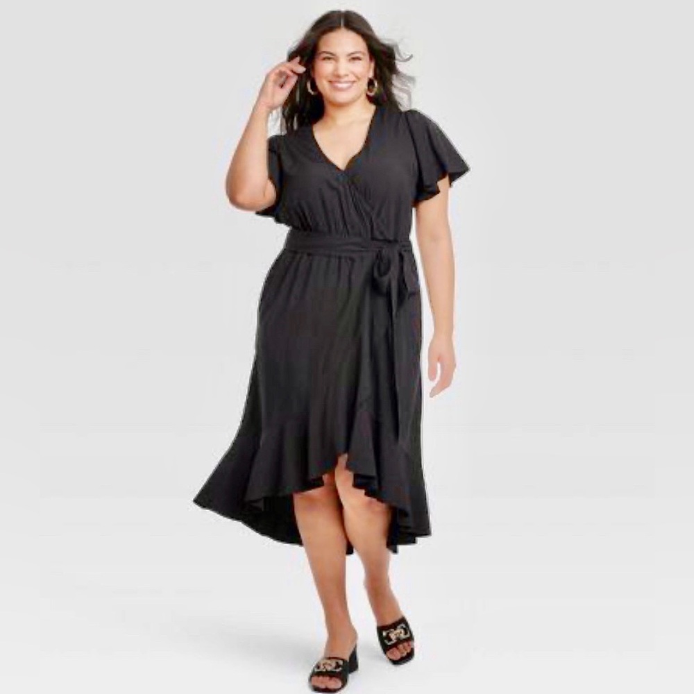 NWT Ava & Viv Flutter Sleeve Midi Black Wrap Dress Size XXL - Picture 2 of 16